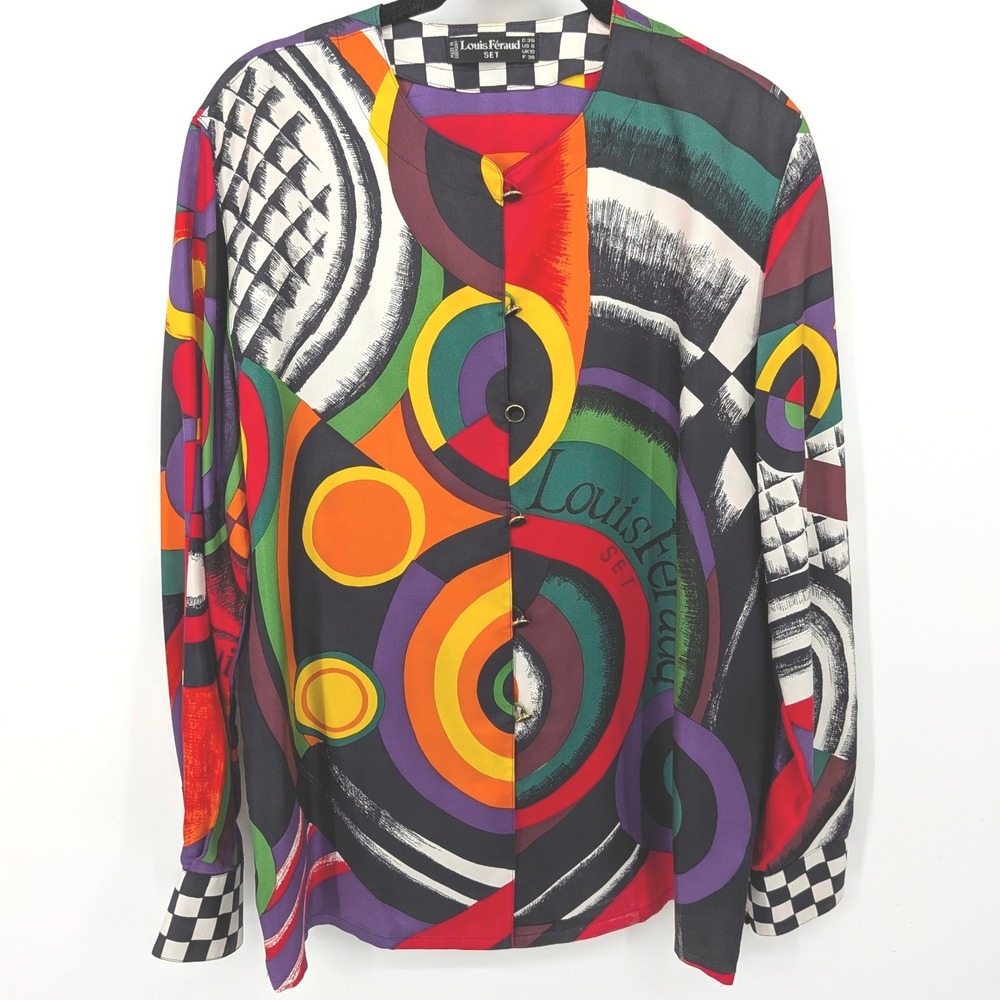 Louis Feraud Silk Blouse Womens 6 Multicolor Abstract Geometric Artsy Vintage